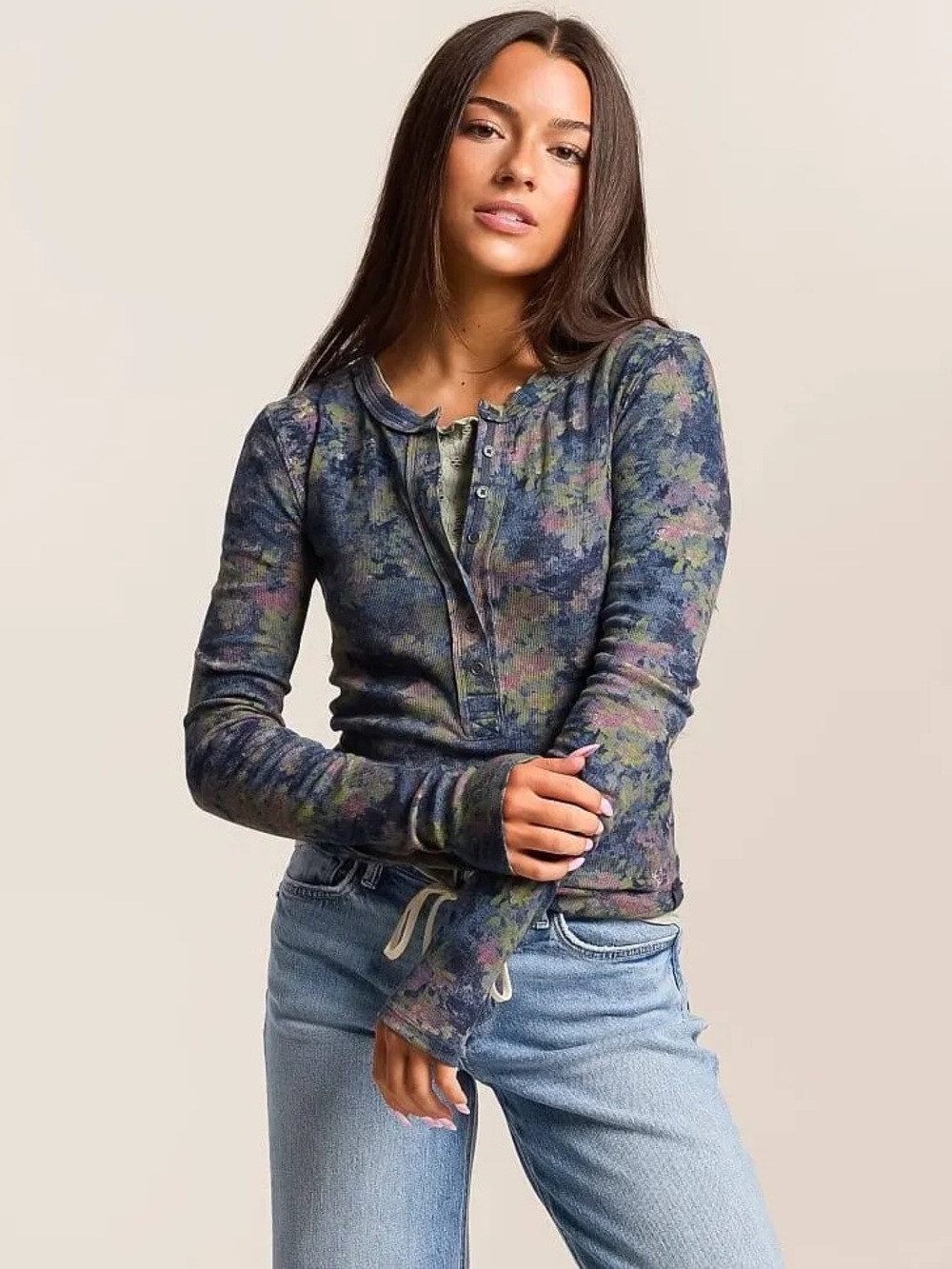 Free People Jamie Henley V-Neck Long Sleeve Top Size XS Floral Haze Print